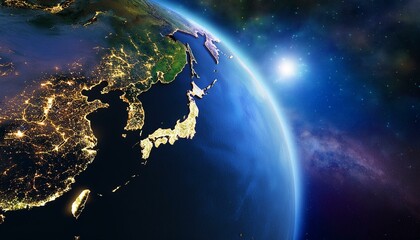 photorealistic 3d render of earth from space with detailed view of japan and asia, stars and galaxie