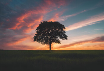 A solitary tree stands against a vibrant sunset sky over a grassy field in early evening light