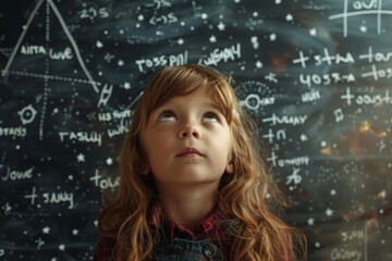 Little schoolgirl next to a school board with formulas