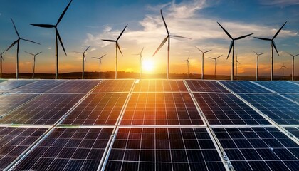 Solar Panels and Wind Turbines at Sunset in Field, Renewable Energy, Sustainable Power, Beautiful Landscape, Environmental Conservation