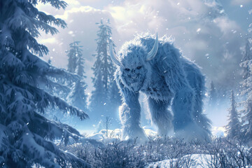 Wall Mural - Huge fantasy yeti character in beautiful outdoor nature background