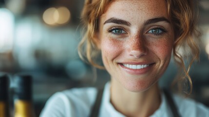 Smiling woman with curly hair, wearing an apron, is shown in a warmly lit, modern kitchen. She is standing in front of a tiled backsplash with kitchen tools behind her.