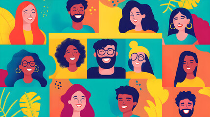 Diverse group of happy people smiling together in colorful, vibrant illustration. artwork showcases variety of hairstyles and expressions, reflecting joy and unity