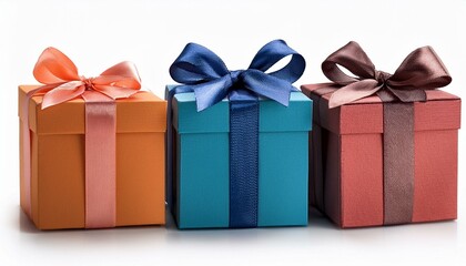 Three colorful gift boxes with ribbon bows, isolated on white background.