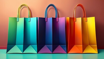 Three colorful shopping bags stand together.