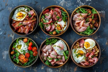 Wall Mural - Set of Various Meat Salads on Rustic Ceramic Plates Top View. Salad Mix, Smoked Turkey, Honey Sauce