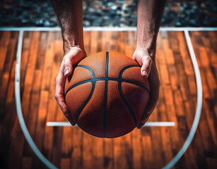 extreme hands basketball player holding orange black basketball ball wooden parquet basketball court generative ai