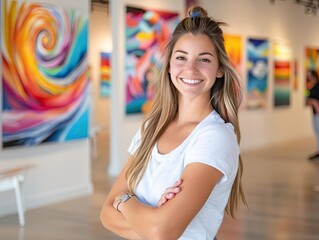 Young artist showcasing their work at a gallery, vibrant paintings, medium closeup, confident smile, elegant setting, appreciative audience, sense of validation,