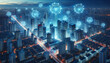 © Yasar - Illuminated urban skyline at dusk with overlay of bright, interconnected network nodes.