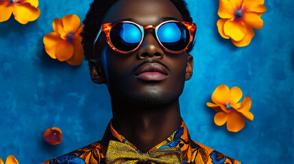 Modern Pop Art Portrait of a Stylish African Man in Sunglasses and Bow Tie on Vibrant Flower Background