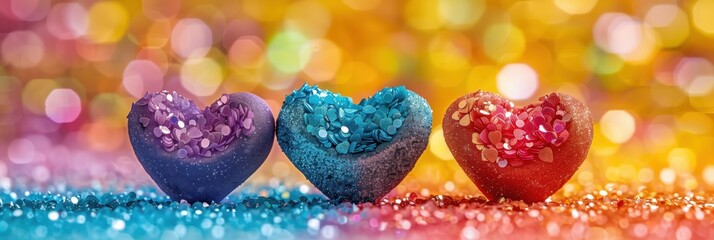 Three hearts made of glitter are placed on a colorful background