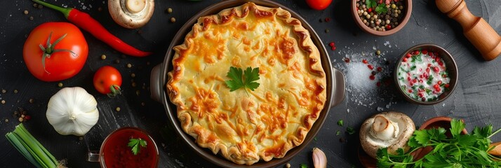 Wall Mural - Ossetian Pie with Cheese, Steamed Vegetables, Champignons Baked with Gouda and Snacks, Vegetables