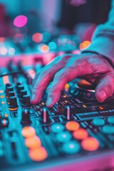 Dj mixing tracks at a club with hands on the deck in vibrant atmosphere