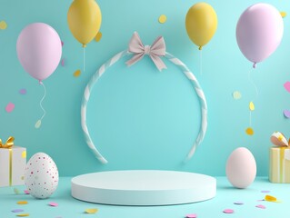 Easter Promotions color, Balloons, Confetti, gift style background, empty 3D pedestal podium, 3D render illustration