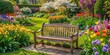 © Vibrant Visions Pixe - Garden bench surrounded by blooming flowers in a lush UK garden in spring, lawn, bench, garden, UK, spring, flowers, blooming