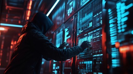 Hacker in a hooded jacket working on a computer with glowing blue screens and red lights in a dark room.