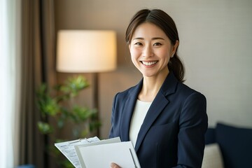 A Japanese real estate agent, a woman in her thirties, is smiling at the camera