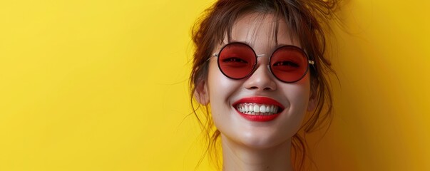 Sticker - A stylish Asian woman in round sunglasses and red lips, posing against a bright yellow wall, exuding confidence and flair. Free copy space for banner.