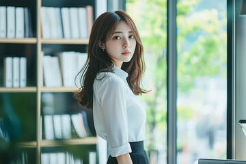Wall Mural - a photograph of an attractive japanese woman in her early to mid-20s, wearing professional attire