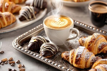 A luxurious hotel breakfast setting with a steaming latte and an elegant pastry assortment, including chocolate croissants and eclairs, presented on a polished silver tray