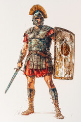 Wall Mural - Watercolor of Roman soldier wearing detailed armor with a helmet