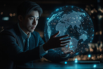 Business concept , Man touching global network and data exchanges over the world 3D rendering, 