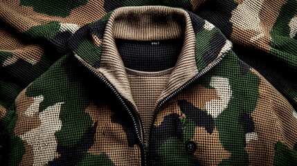 Close-up of a camouflaged jacket with a beige inner layer.