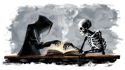 Mysterious Reaper and Skeleton Reading an Ancient Spellbook in a Dark Setting