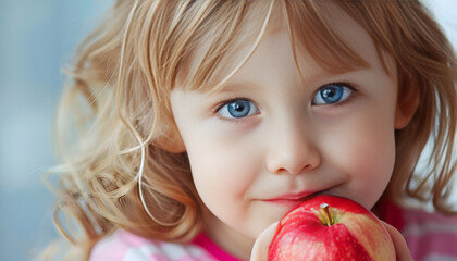 cute child smiling bites apple. nutrition for caries prevention. portrait of little girl with fruit on blue background. kid eating healthy food, snack. teeth, dental health, smile. children dentistry