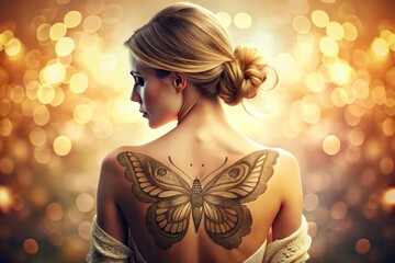 Delicate butterfly silhouette formed by intricate tattoo design on toned female back, set against a soft, dreamy