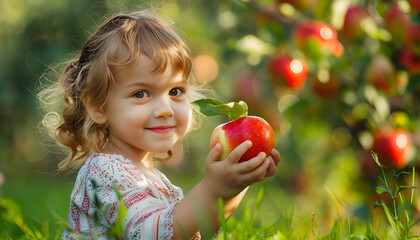 cute child smiling bites apple. nutrition for caries prevention. portrait of little girl with fruit on blue background. kid eating healthy food, snack. teeth, dental health, smile. children dentistry