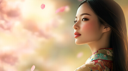 Poster - Oriental woman admiring cherry blossoms