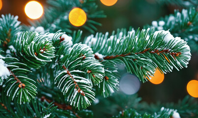 A close-up of a snowy pine branch with out-of-focus Christmas lights in the background