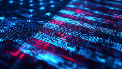 USA flag formed by digital data and binary code, symbolizing AI technology and cyber security in a connected world