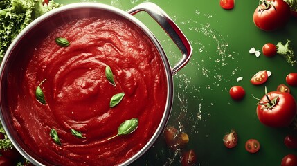 Wall Mural - Fresh homemade tomato sauce simmering with basil, surrounded by fresh vegetables on a green countertop