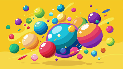 Sticker - Abstract multicolored balls flying particles on a yellow background. Vector illustration