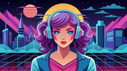 Sticker - pretty girl listening music in headphones. Banner, web page, presentation, landing page template. Futuristic cyber retro in trendy 80s 90s style. Vector illustration