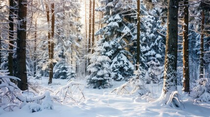 A snow covered forest with a tree branch covered in ice