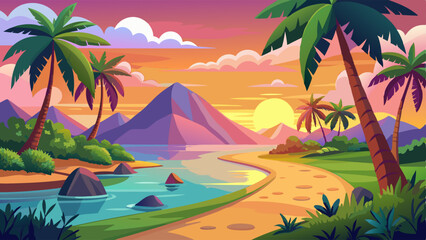 Tropical lagoon landscape on sunset or sunrise. Cartoon summer vector scenery with coconuts on palm trees, pathway along sea or ocean shore, calm water, mountain hills and pink dawn or dusk sky.