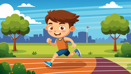 Kid boy jogging on running track in public park or stadium on sunny day. Cartoon vector illustration of children sport activities and fitness training. Cute male character running or walking.