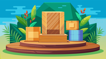 Wall Mural - Wooden podium mockup for product display and promotion. Realistic 3d vector illustration set of cylinder and square box goods stage. Promo pedestal template fir natural and eco presentation.