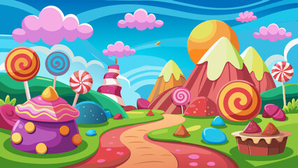 Candy land game background. Vector cartoon illustration of green mountain valley with caramel lollipops, chocolate sweets along road, fairytale scenery under blue sky with clouds, confectionery world