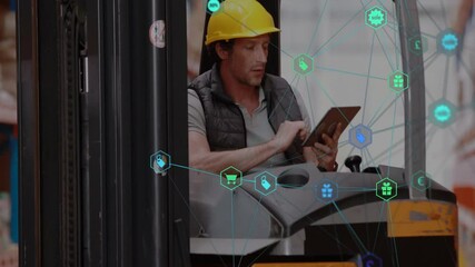 Poster - Animation of network of connections with icons over caucasian man in forklift working in warehouse