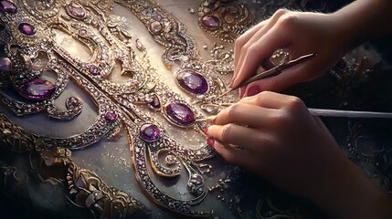 Master Jeweler Crafting Intricate Design with Precious Gems - Fine Artwork Illustration