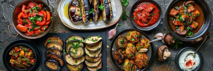 Wall Mural - Appetizers Set with Baked Eggplants, Champignon Caps, Aubergine Rolls and Traditional Georgian Pkhali