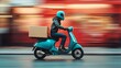 © anantachat - Clay-style delivery person riding a scooter through vibrant streets carrying a large parcel on the back Large space for text in center Stock Photo with copy space