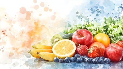 Watercolor Brush Styled Healthy Eating Setup with Fresh Fruits and Vegetables in Background