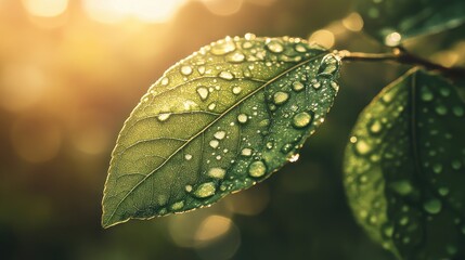 Wall Mural - A close-up of a fresh green leaf with sparkling water droplets clinging to its surface, illuminated by soft morning light and set against a blurred background.