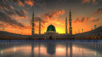 Nabawi Mosque at dusk, the light of the setting sun emits a golden orange color in the sky, the green dome of the Nabawi Mosque shines majestically, Ai generated images