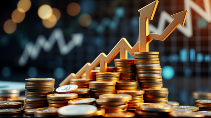 3D coins and banknotes spiraling upwards towards a financial graph with arrows pointing up, symbolizing business growth and success